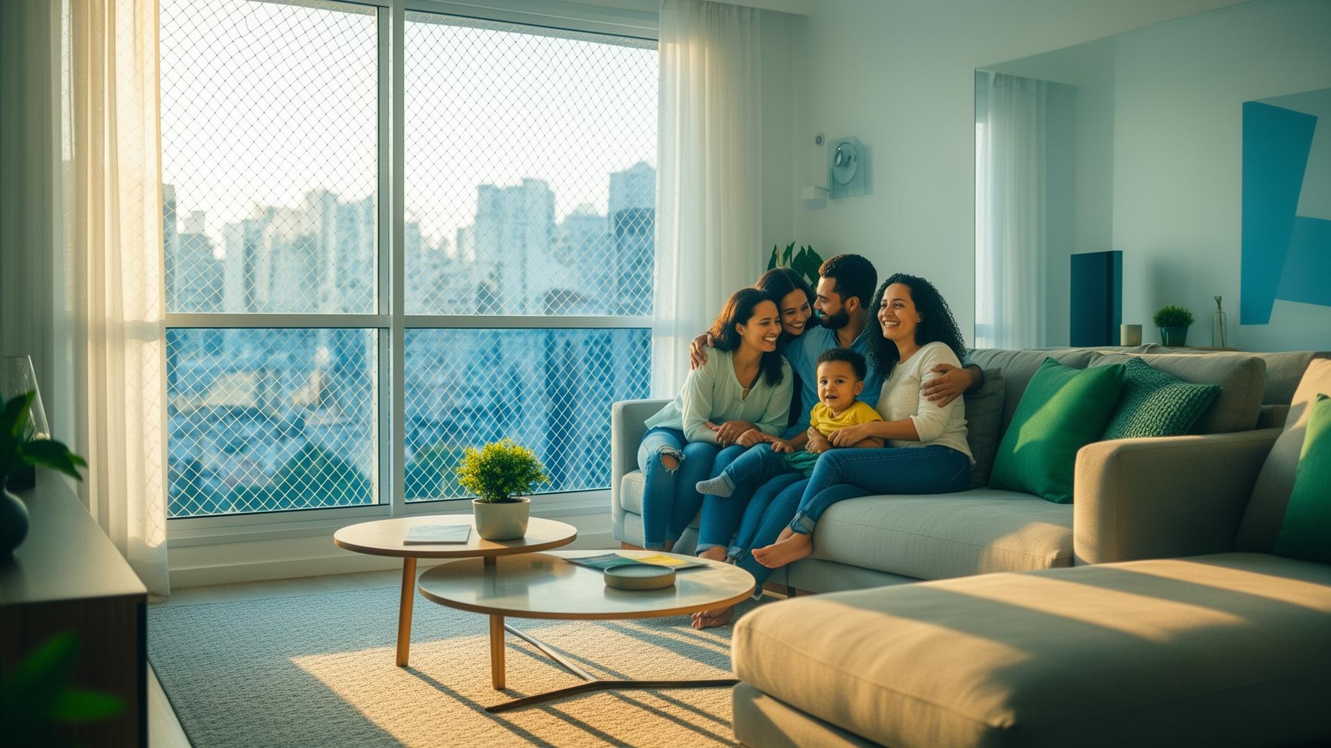 Família em ambiente seguro com rede de proteção